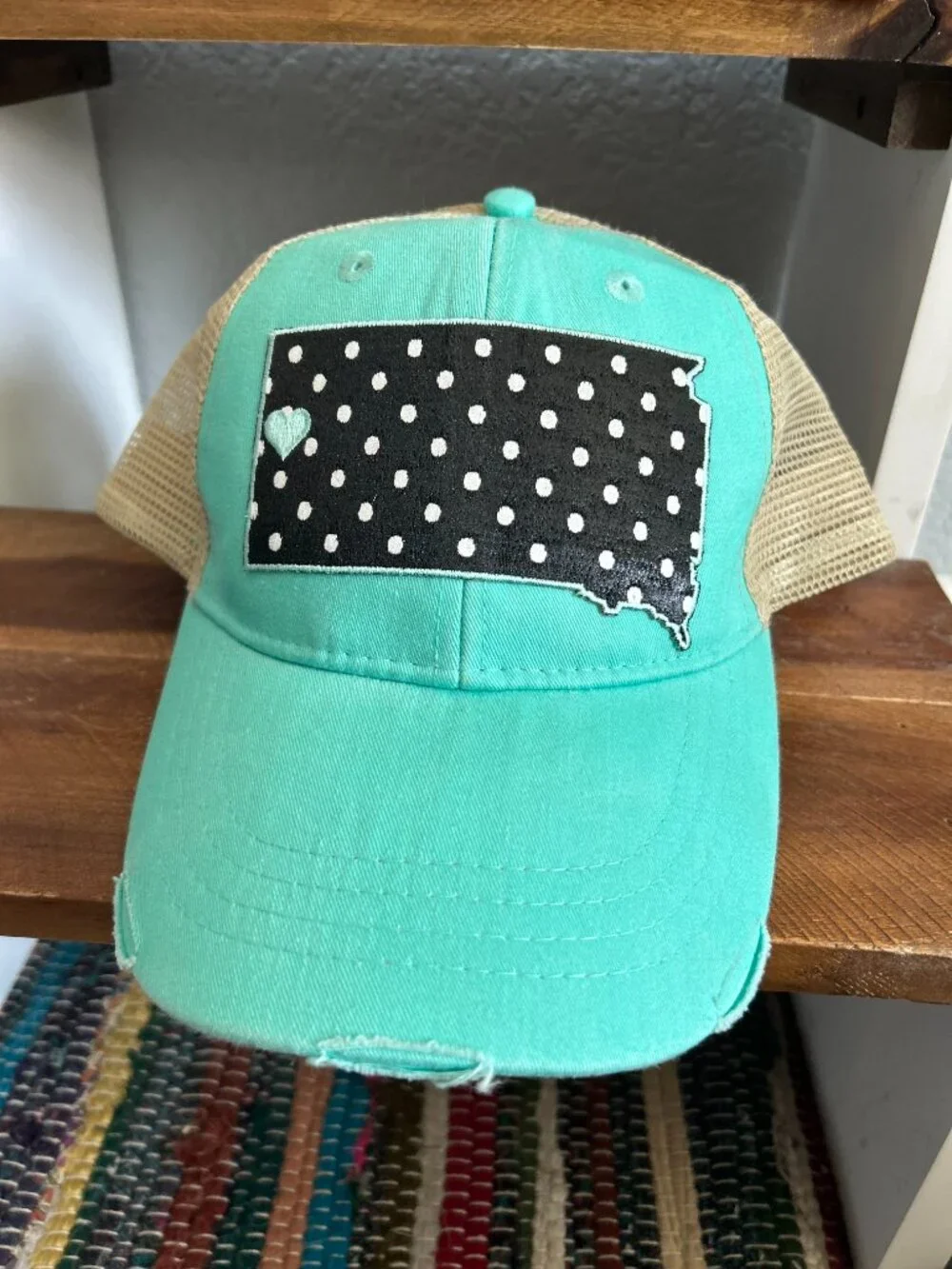 Hooey Rapid City South Dakota Trucker Hat Turquoise Tan Distressed Snapback Cap